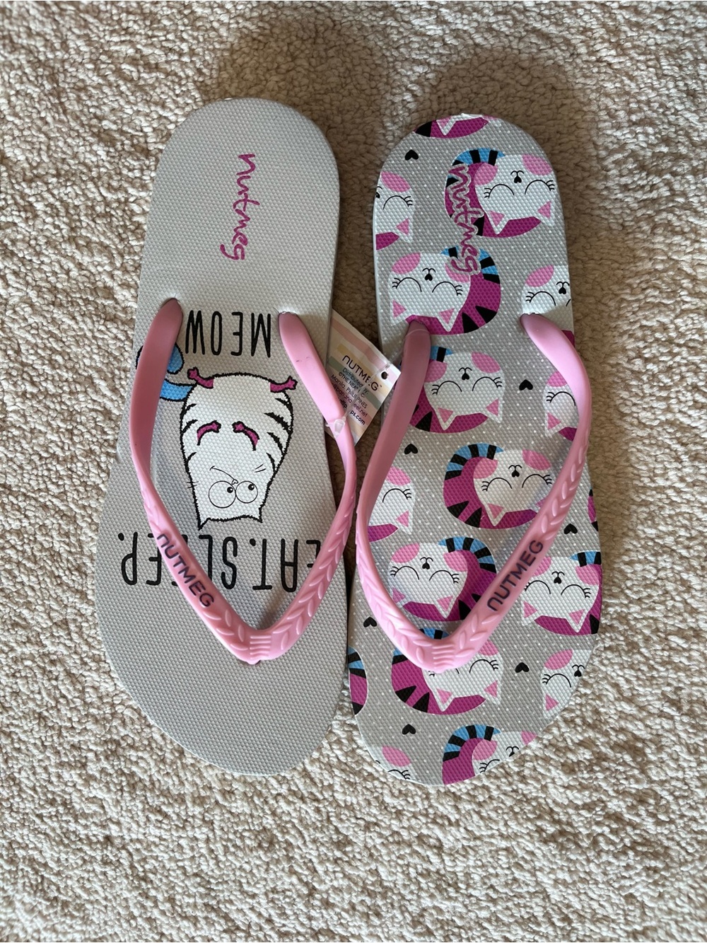 Nutmeg Pink Cat Print Flip Flops